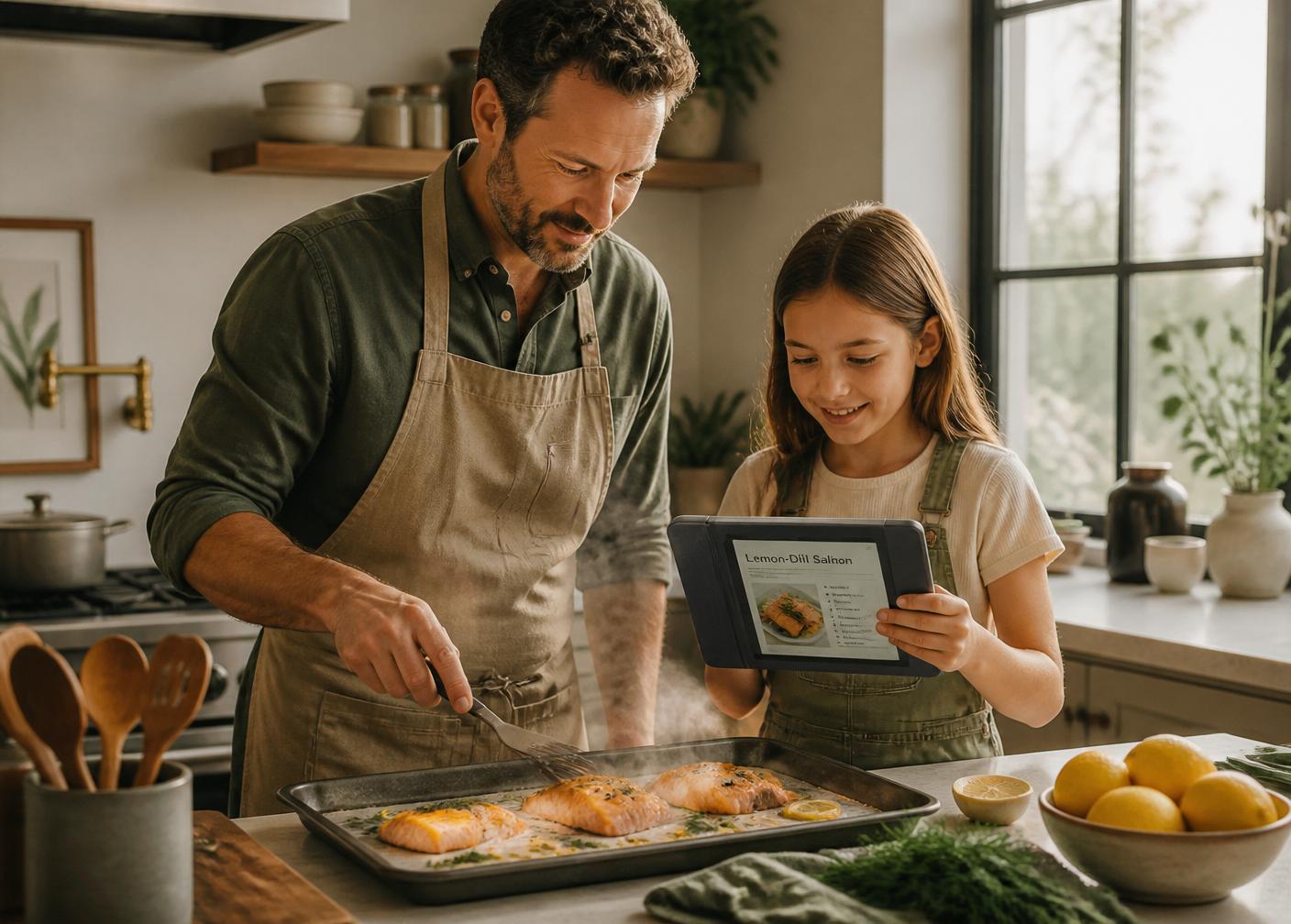 Father and daughter cooking sheet-pan salmon together in a modern kitchen with a recipe on a tablet