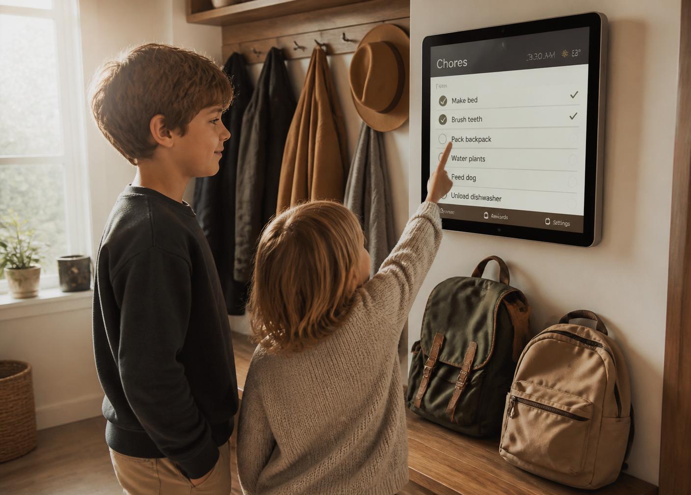 Two kids in a mudroom checking off morning chores on the Haven wall display